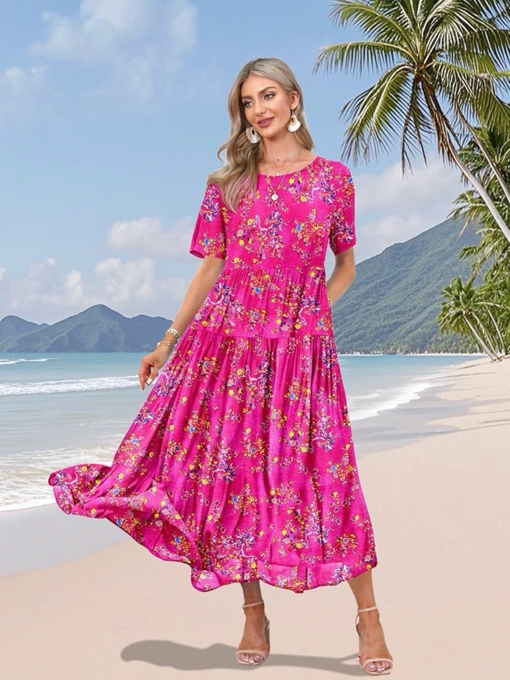 Bright Fuchsia Floral Tiered Maxi Dress- Farm Rio inspired